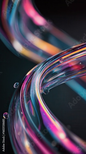 3d render abstract background on dark background, Transparent glossy glass, Colorful curve glass with dispersion.