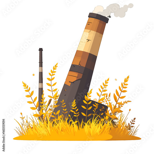 Abandoned Industrial Chimney Surrounded By Plants