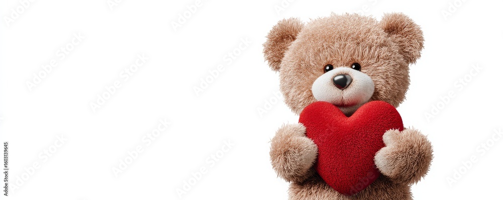Obraz premium Cute Fluffy Teddy Bear Holding a Red Heart on White,Valentines ,Love