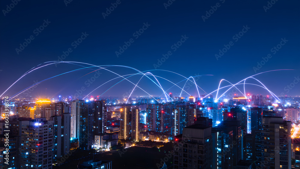 A vibrant cityscape at night with streaks of light connecting buildings A vibrant cityscape at night with streaks of light connecting buildings