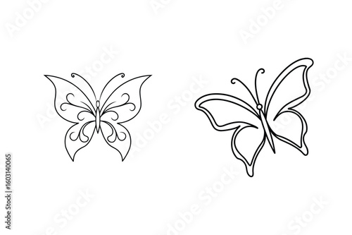 Ornate and simple butterfly outlines black and white