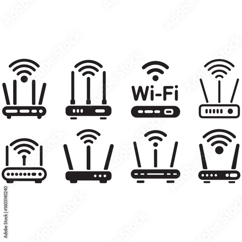 Power station icon set with wireless communication symbols for technology and network design