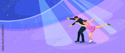 Male and female figure skaters performing on ice in stylized graphic style, under arena lights, concept of elegance and teamwork. Vector illustration