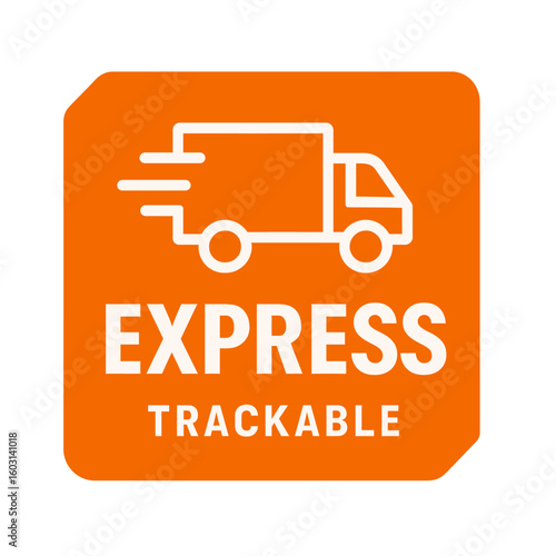The orange 'express trackable' sticker highlights swift and monitored delivery services. Modern flat vector sticker label with icon and badge style, transparent background