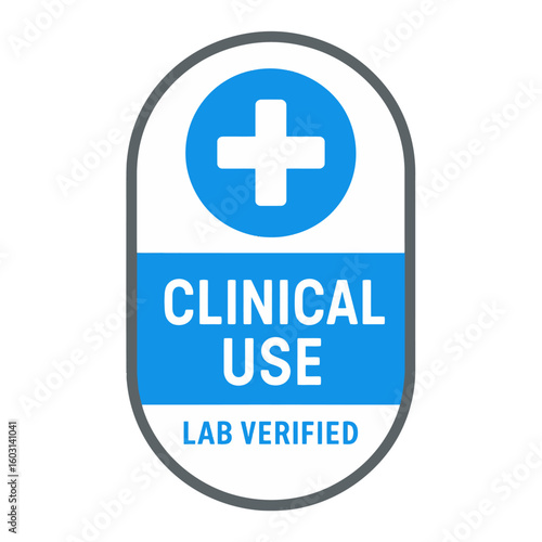 A clinical use label featuring a blue plus sign, lab-verified for medical and scientific applications. Modern flat vector sticker label with icon and badge style, transparent background