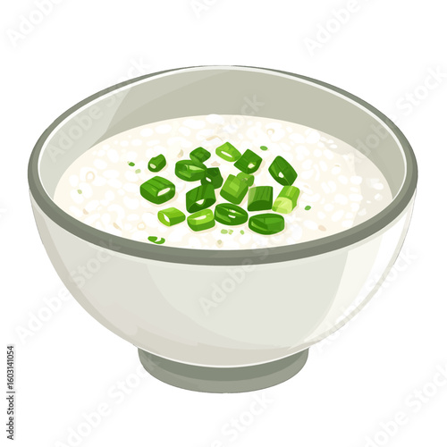 Creamy White Rice Porridge With Green Onions In Bowl
