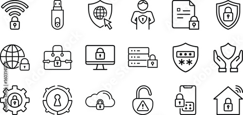 Security line icon vector set. The set contains icons. Digital Authentication, Verification, Privacy Protection, Data Protection.