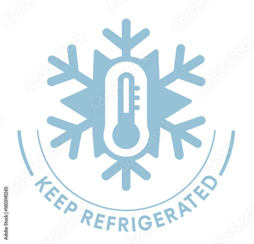 A blue circular 'keep refrigerated' label with a thermometer and a snowflake. Modern flat vector sticker label with icon and badge style, transparent background