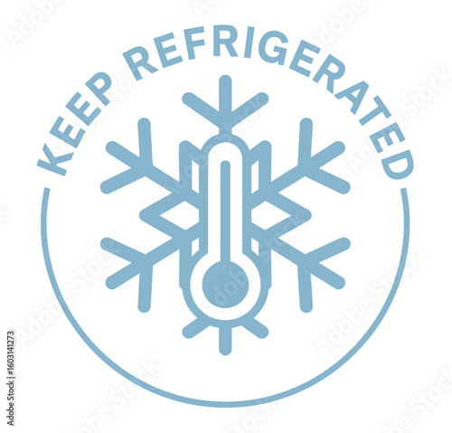 A graphic illustration indicating items should be kept refrigerated for optimal freshness and safety. Modern flat vector sticker label with icon and badge style, transparent background