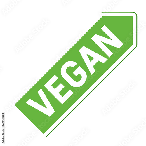 Vegan label on a green and white shape, indicating a dietary choice. Modern flat vector sticker label with icon and badge style, transparent background