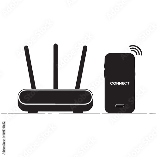 Black and white vector illustration of a wireless internet router with an antenna, perfect for depicting network communication technology and digital connection equipment