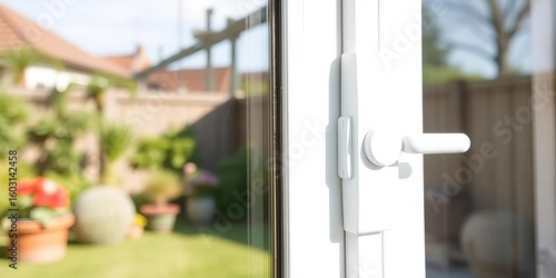 Close-up of white PVC sliding door lock, double-glazed glass, backyard visible,  architecture,  home security