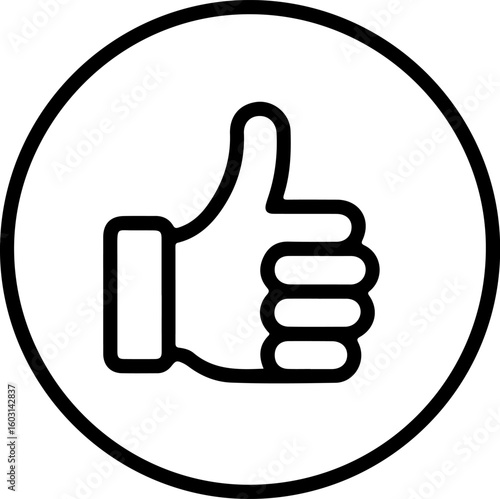 Simple line art icon of a thumbs up gesture inside a circle