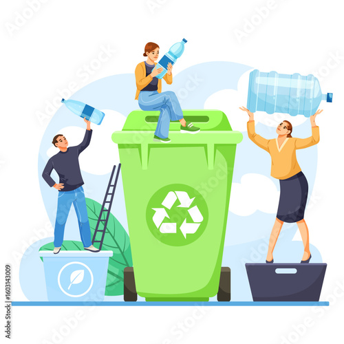Group of people recycling plastic bottles near large green bin with recycle icon, flat graphic style, isolated on white background. Concept of eco awareness. Vector illustration