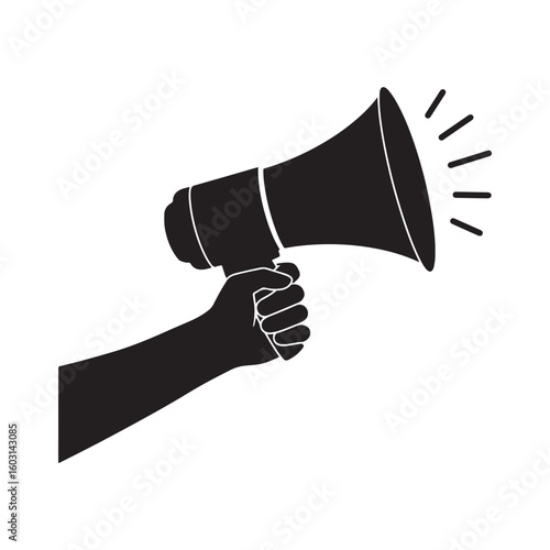 Silhouette of two hands holding a megaphone symbolizing speech announcements and public communication