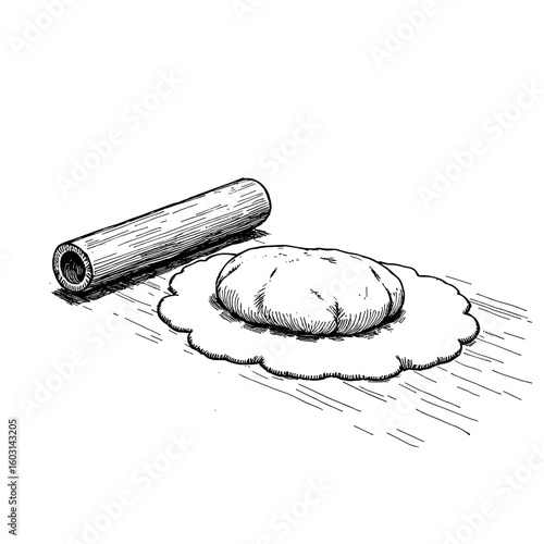 Vintage black pen sketch close up on white background depicting dough kneading process  