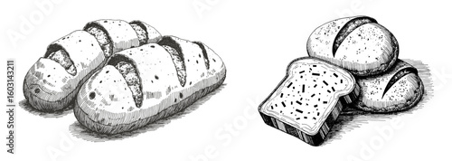 Vintage black pen sketch close up of mini breads on white background  