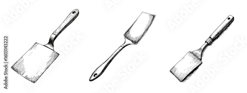 Vintage black pen sketch close up on baking spatula drawings  