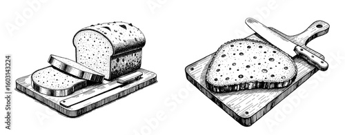Vintage black pen sketch of bread on cutting board with knife  