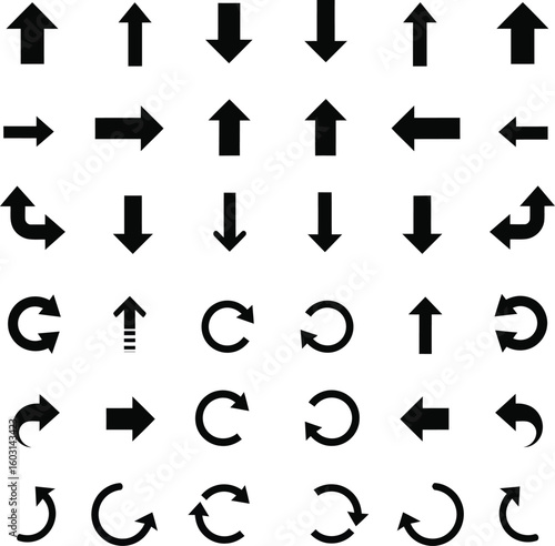 A comprehensive collection of directional arrows and icons in various styles, including up, down, left, and right orientations, as well as circular and return arrows. This versatile graphic is perfect