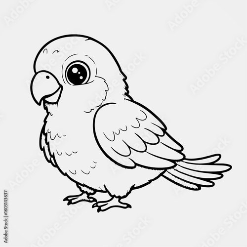 Cartoon parrot sitting sideways with curved beak and soft feathers in outlined style perfect for children’s bird coloring pages