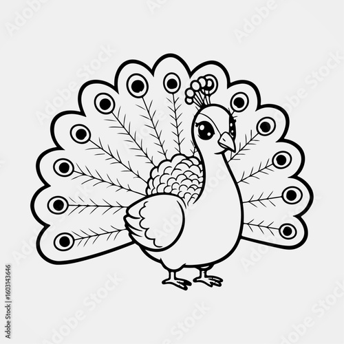 Cartoon peacock with detailed feathers and elegant pose in outlined art perfect for kids exotic bird coloring books and school worksheets