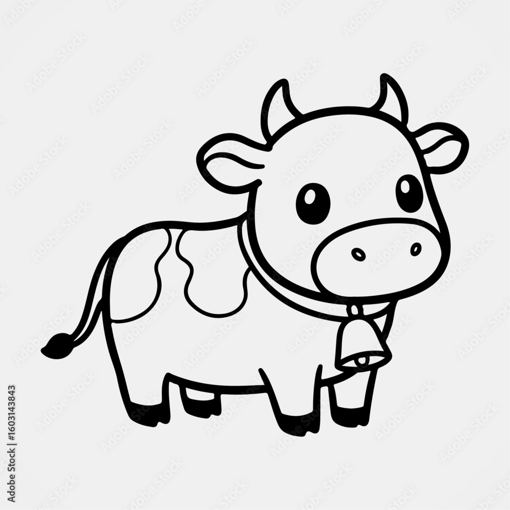 Obraz premium Baby cow standing calmly in cartoon farm theme line art perfect for kids coloring pages and educational printables