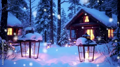Magical winter wonderland scene with snow falling on cozy cabin and glowing lanterns at night