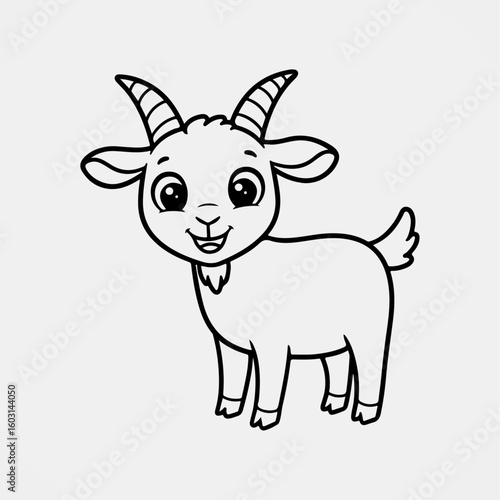 Happy baby goat standing with bright eyes in cute cartoon outline style for children’s farm-themed coloring pages and printables