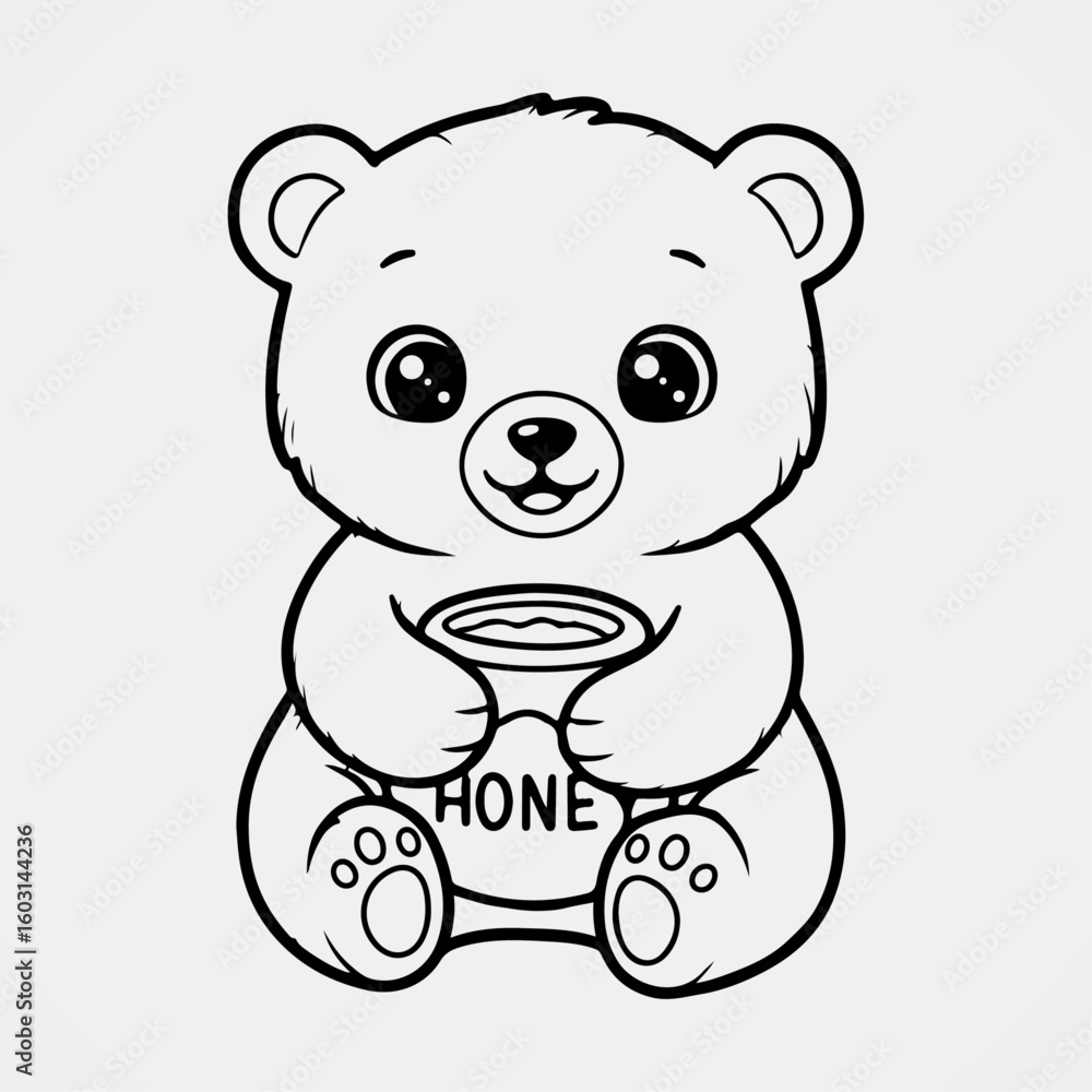 Fototapeta premium Cute bear holding a honey jar with big smile in cartoon line art for kids coloring pages and learning activities