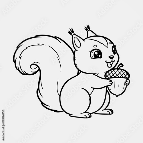 Cute cartoon squirrel holding an acorn with cheerful expression in outlined line art for kids animal coloring book pages