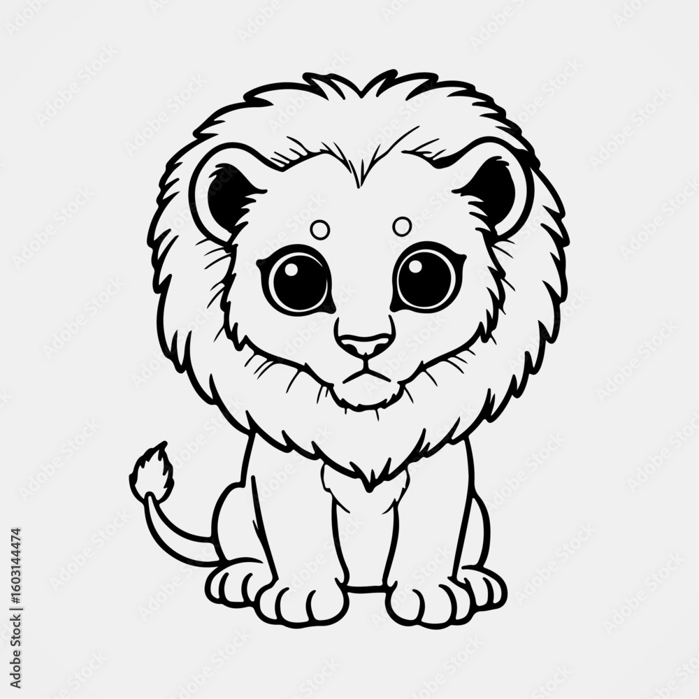 Fototapeta premium Sweet baby lion with round eyes sitting calmly in cartoon jungle theme perfect for children’s coloring sheets and preschool art
