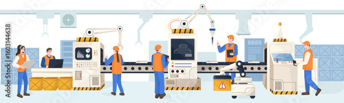 Workers and robotic arms operating machines on modern assembly line in factory interior, flat style on white background. Concept of automation. Vector illustration