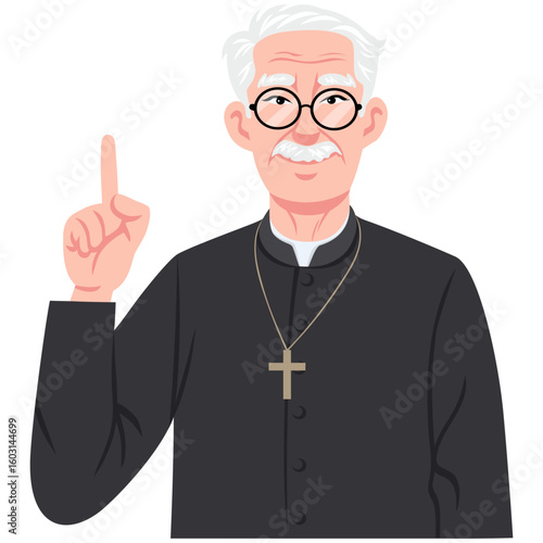 Elderly Priest Pointing Up Character Design Cartoon Vector Illustration