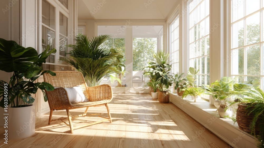 Fototapeta premium bright sunroom interior, floor-to-ceiling windows, lots of green plants, light wood floor, rattan chair, peaceful and natural atmosphere