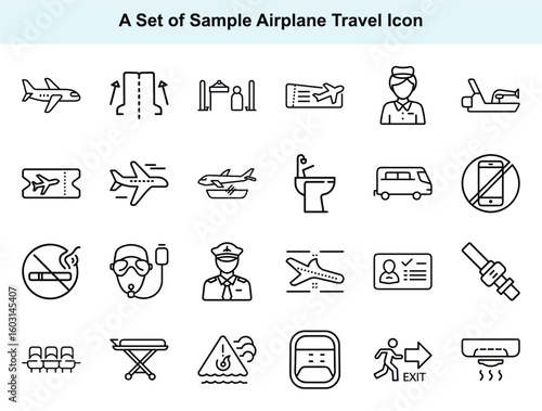Diverse airport travel icons presented with black outline elements