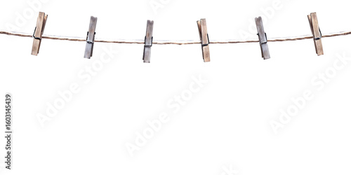 Wooden clothespins on twine isolated on a transparent background clothesline hanging
