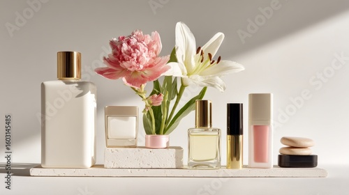 A collection of beauty products on a minimalist white background, with soft, diffused lighting and elegant arrangement, clean and sophisticated.