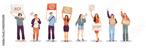Group of people protesting with signs and megaphone, cartoon style on white background, concept of activism and resistance. Vector illustration