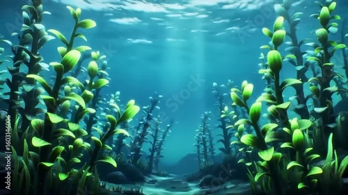 Loopable Footage Underwater kelp forest scene, sunlit ocean floor, game background