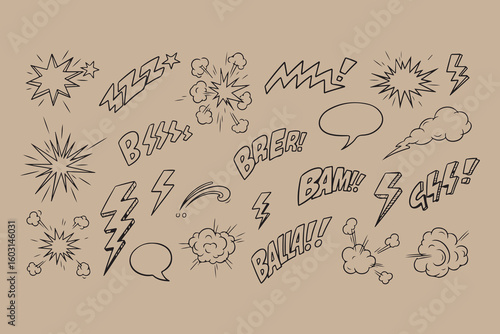 Hand drawn comic book style sound effects and speech bubbles
