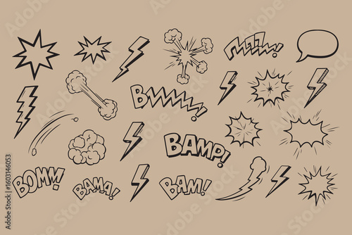Collection of hand drawn comic book style sound effects and explosions