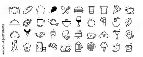 Assorted food and drink icon set in black line style on white background, representing different meals, beverages, and kitchen elements. Vector illustration