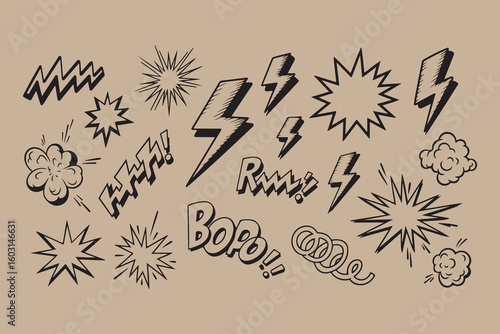 Collection of hand drawn comic book style sound effects and explosions