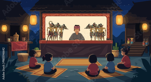 Illustration of traditional wayang kulit shadow puppet show performance with children audience