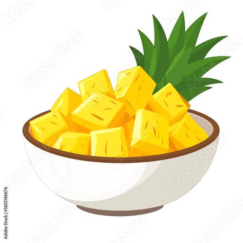 Diced Pineapple In White Bowl With Green Leaves