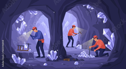 Cartoon miners working in a dark cave extracting precious gemstones and crystals underground