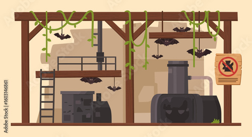Spooky Abandoned Factory Scene with Bats and 'No Camera' Sign for Halloween