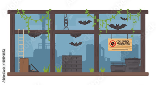Cartoon illustration of a building overtaken by nature and bats with conservation sign inside with