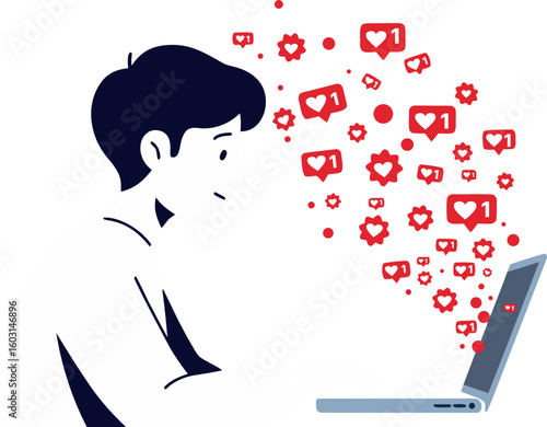 A metaphor for work overload and digital stress. A profile of a person looking at a laptop screen with red notifications flying out, symbolizing the flow of information.